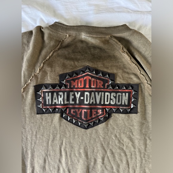 Harley-Davidson Gray Raglan Studded Crewneck Sweatshirt Raw Hem Size M - Picture 14 of 16
